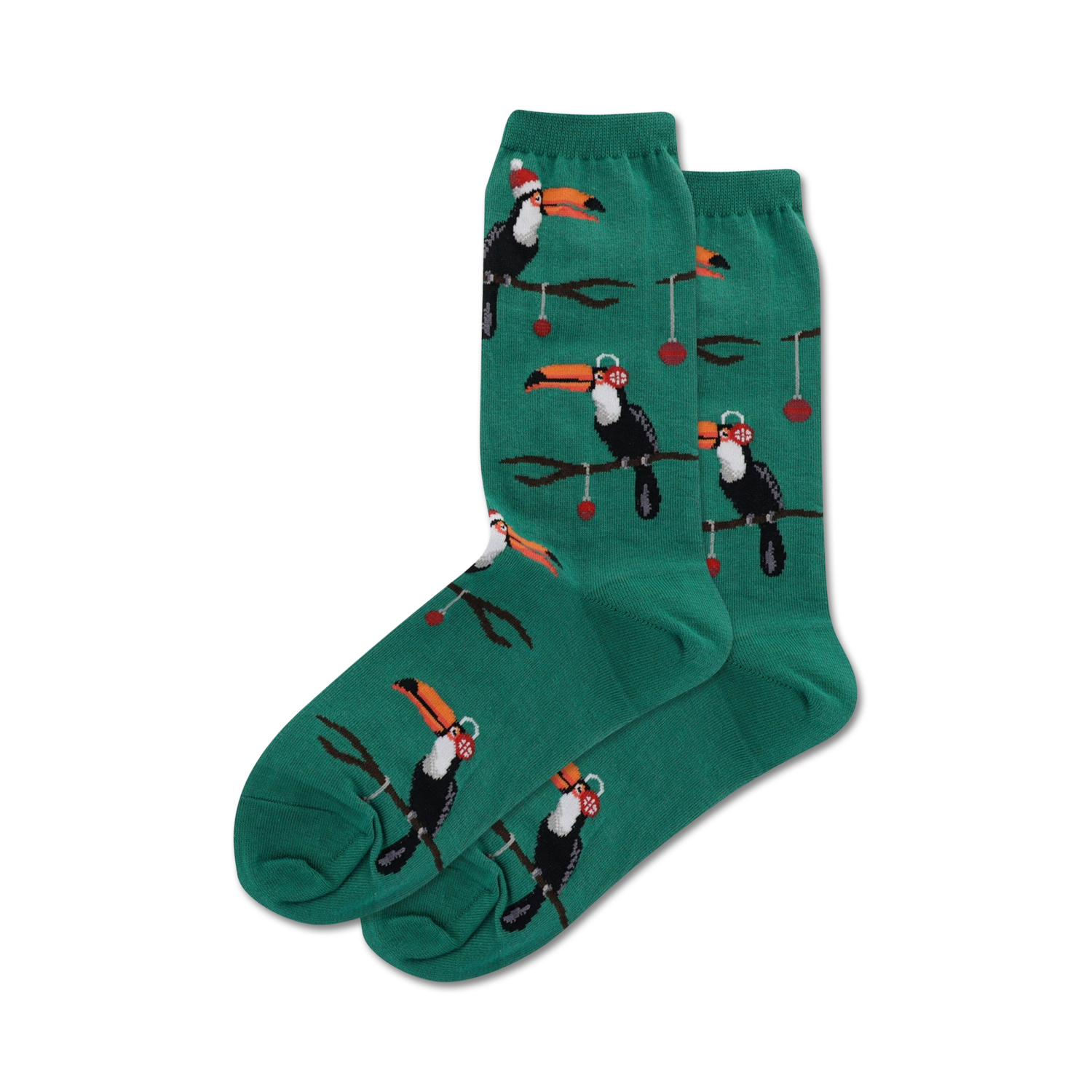 Pair of teal crew socks with a repeating pattern of toucans wearing Santa hats and ornaments hanging from branches.