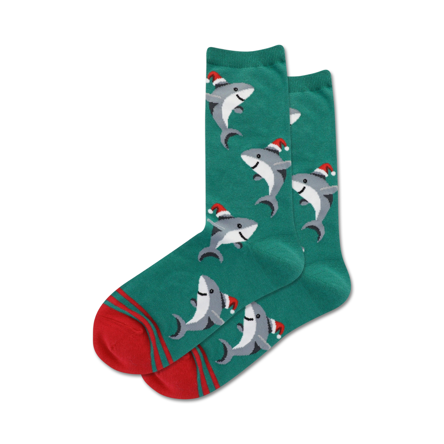 Pair of crew socks; teal and red or light blue and navy; design features sharks wearing Santa hats.