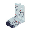 Lifestyle shot showing the light blue Santa Shark socks on a person's feet.