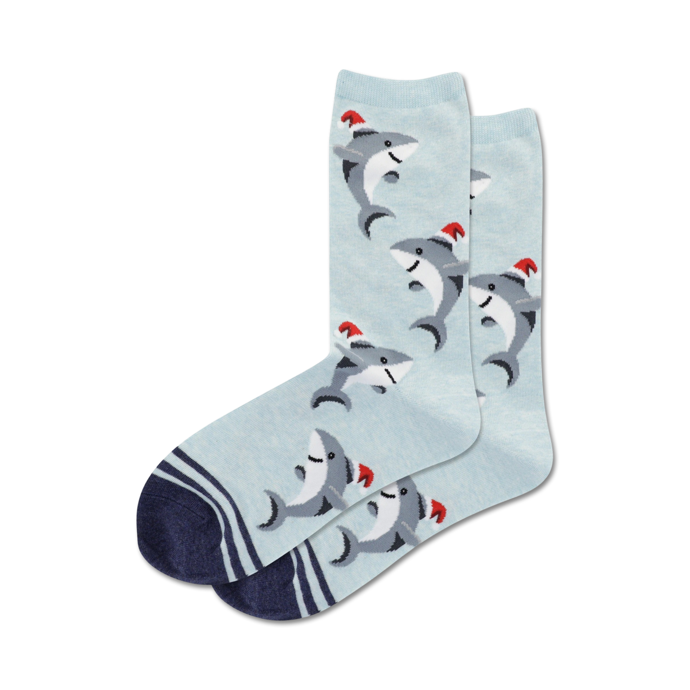 Lifestyle shot showing the light blue Santa Shark socks on a person's feet.