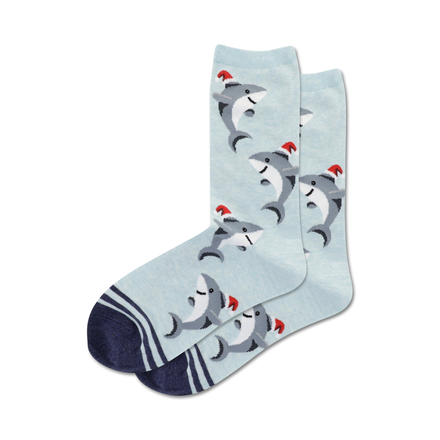 Lifestyle shot showing the light blue Santa Shark socks on a person's feet.