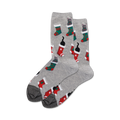 Pair of grey crew socks with a repeating pattern of cats inside red and green Christmas stockings.