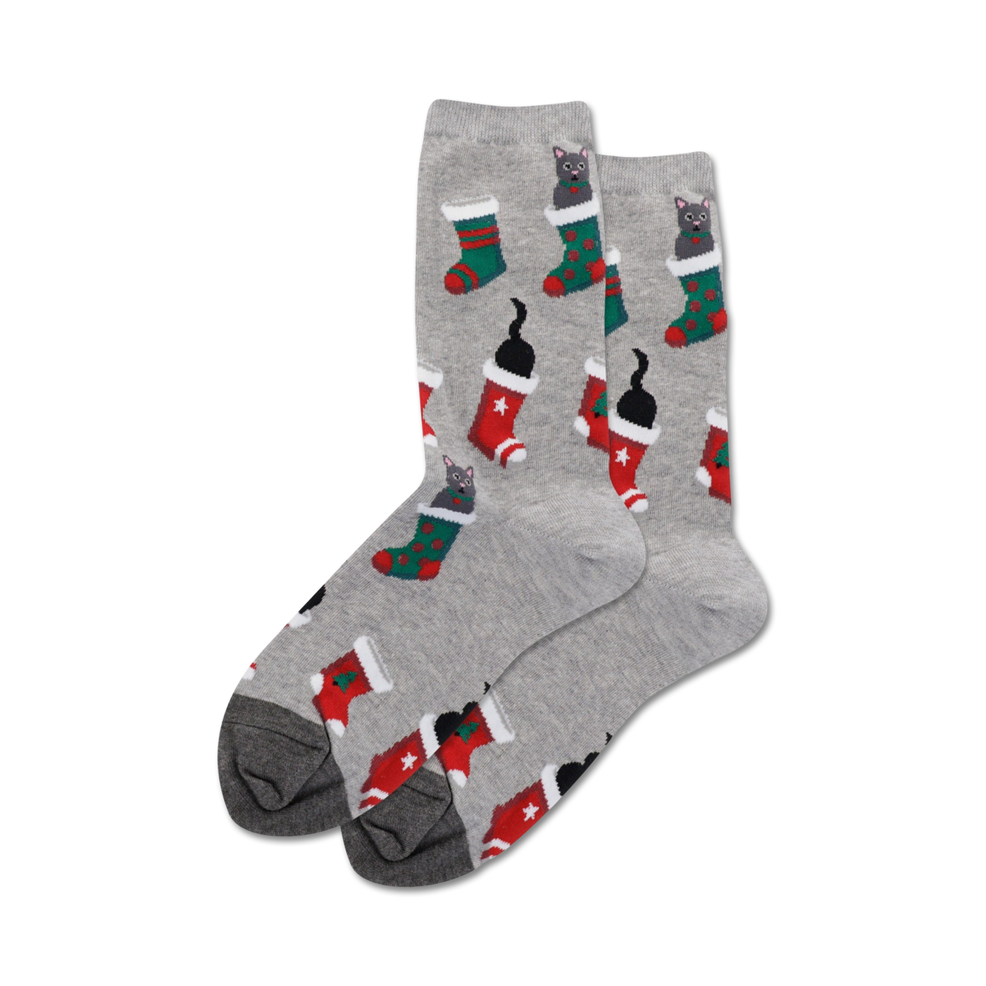 Pair of grey crew socks with a repeating pattern of cats inside red and green Christmas stockings.