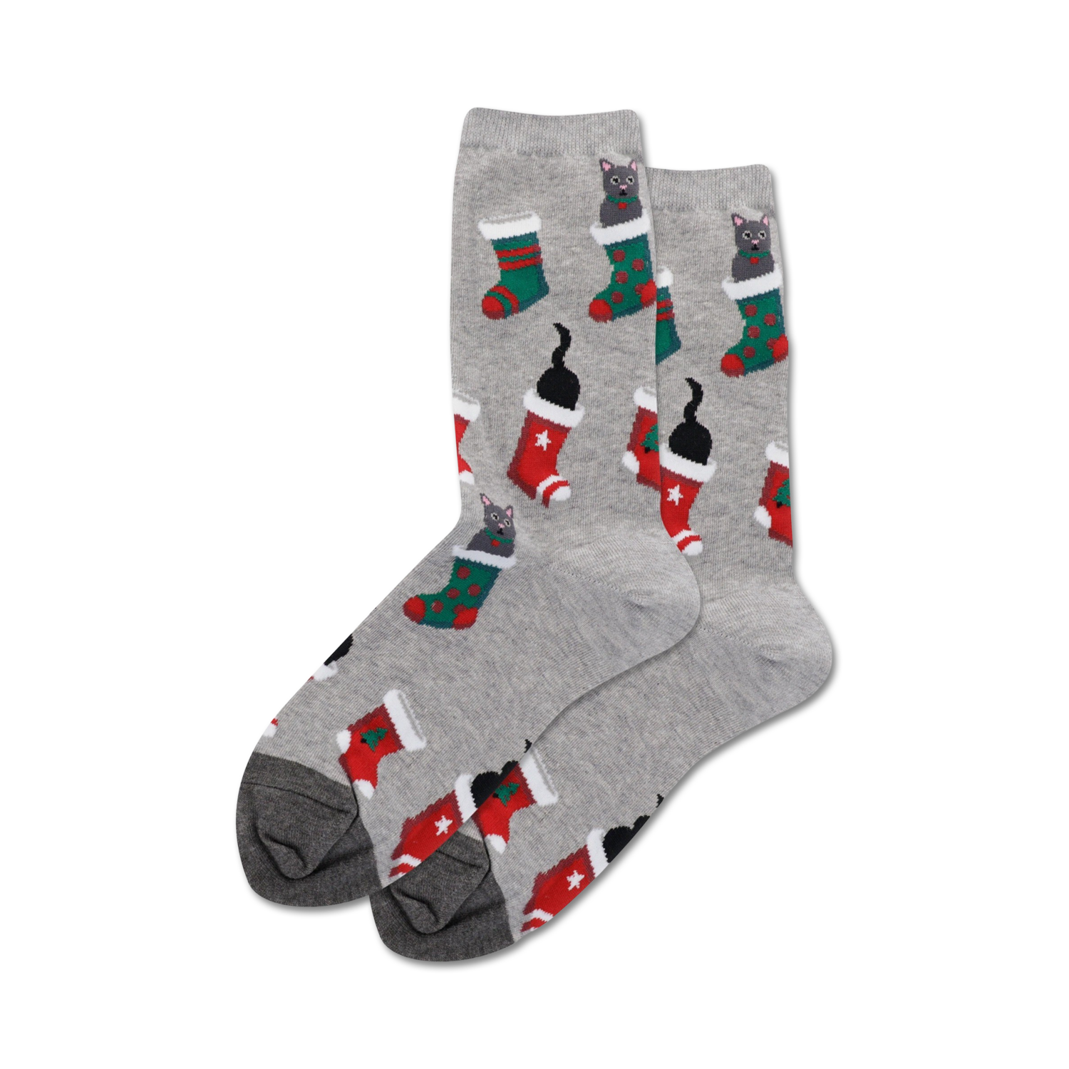 Pair of grey crew socks with a repeating pattern of cats inside red and green Christmas stockings.