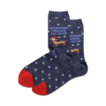 A pair of navy blue crew socks with a red cuff.  They feature a repeating snowflake pattern and illustrations of dachshunds in Santa hats sledding through the snow.