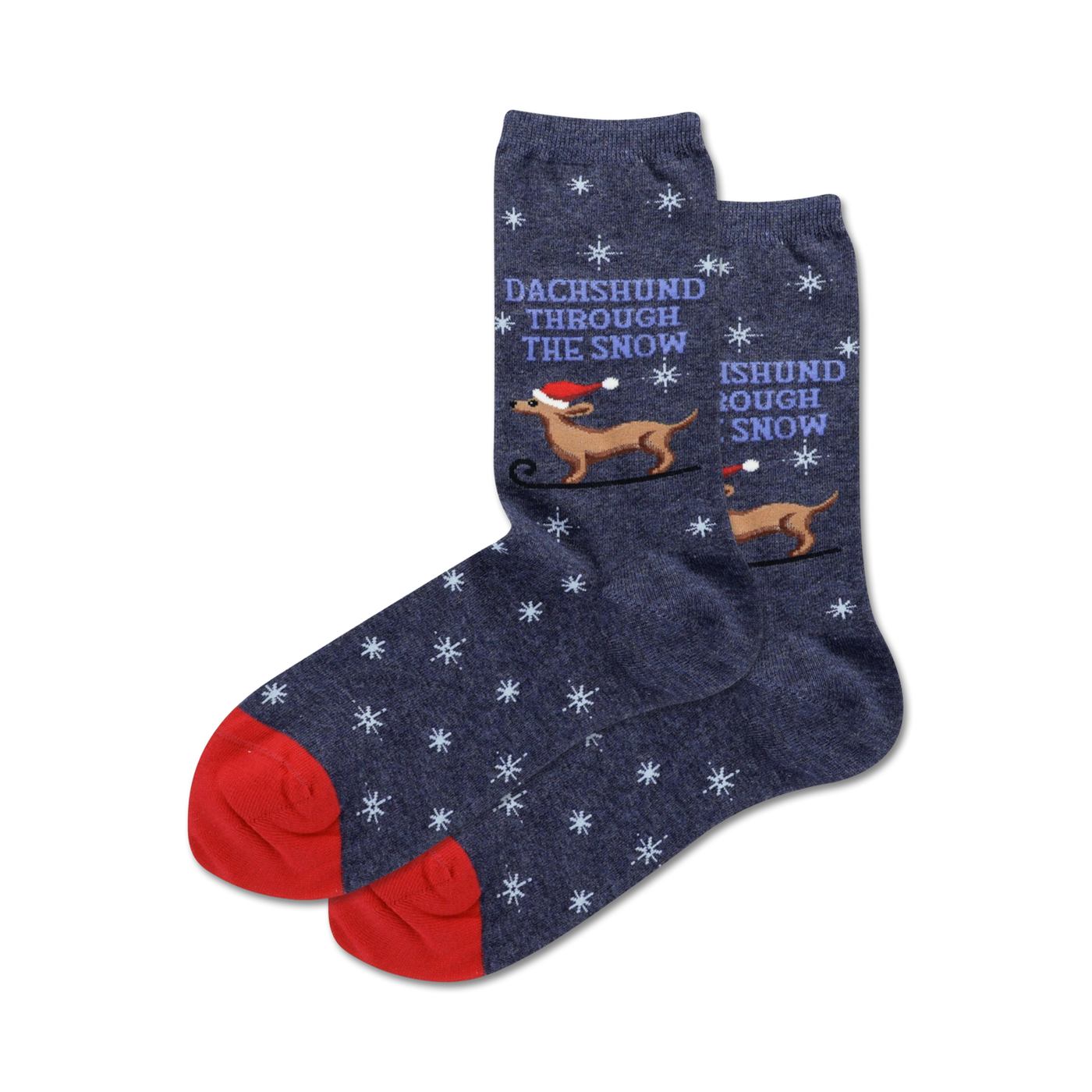 A pair of navy blue crew socks with a red cuff.  They feature a repeating snowflake pattern and illustrations of dachshunds in Santa hats sledding through the snow.