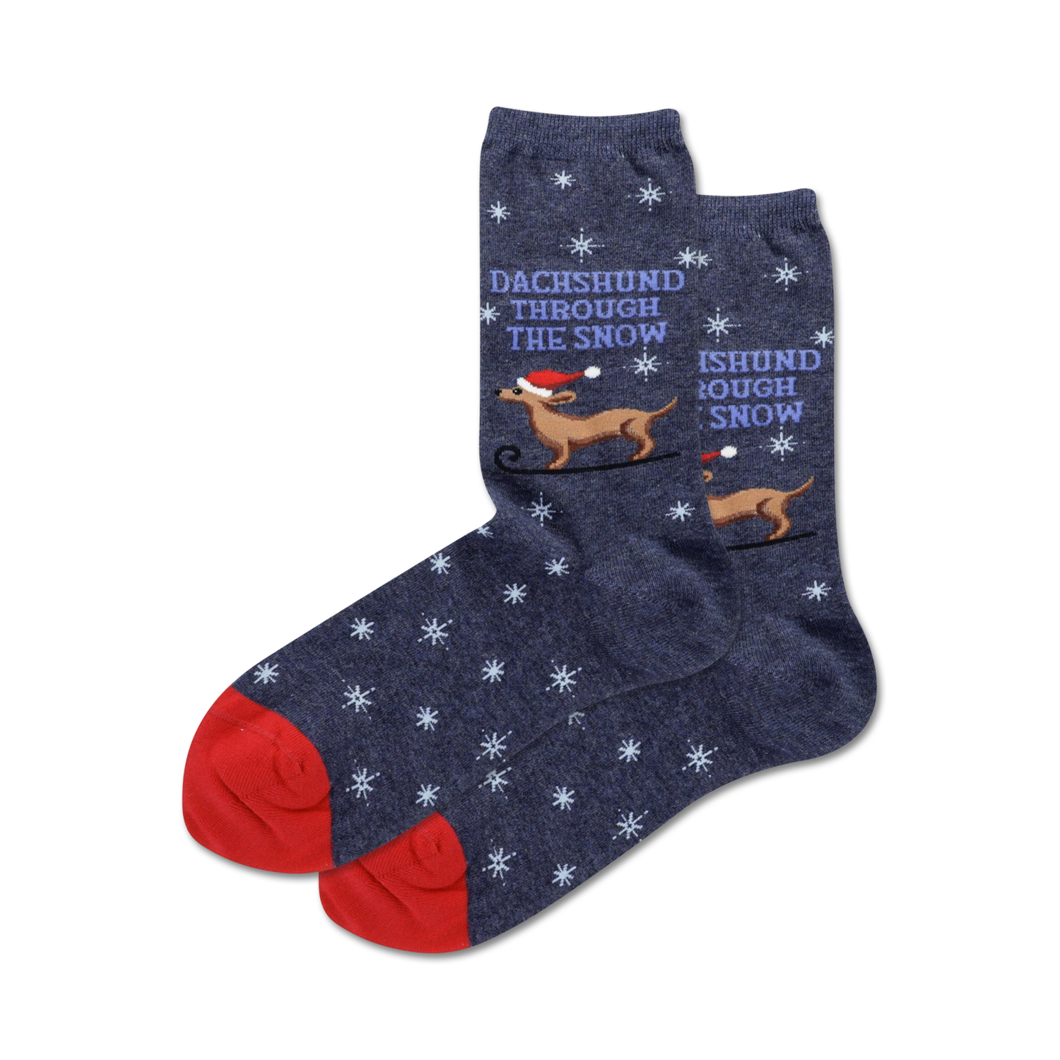 A pair of navy blue crew socks with a red cuff.  They feature a repeating snowflake pattern and illustrations of dachshunds in Santa hats sledding through the snow.
