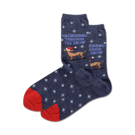 dachshund through the snow christmas themed womens blue novelty crew socks