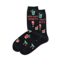 Pair of crew socks in navy blue and heather gray, showcasing a fun holiday cocktail design with red and green accents.