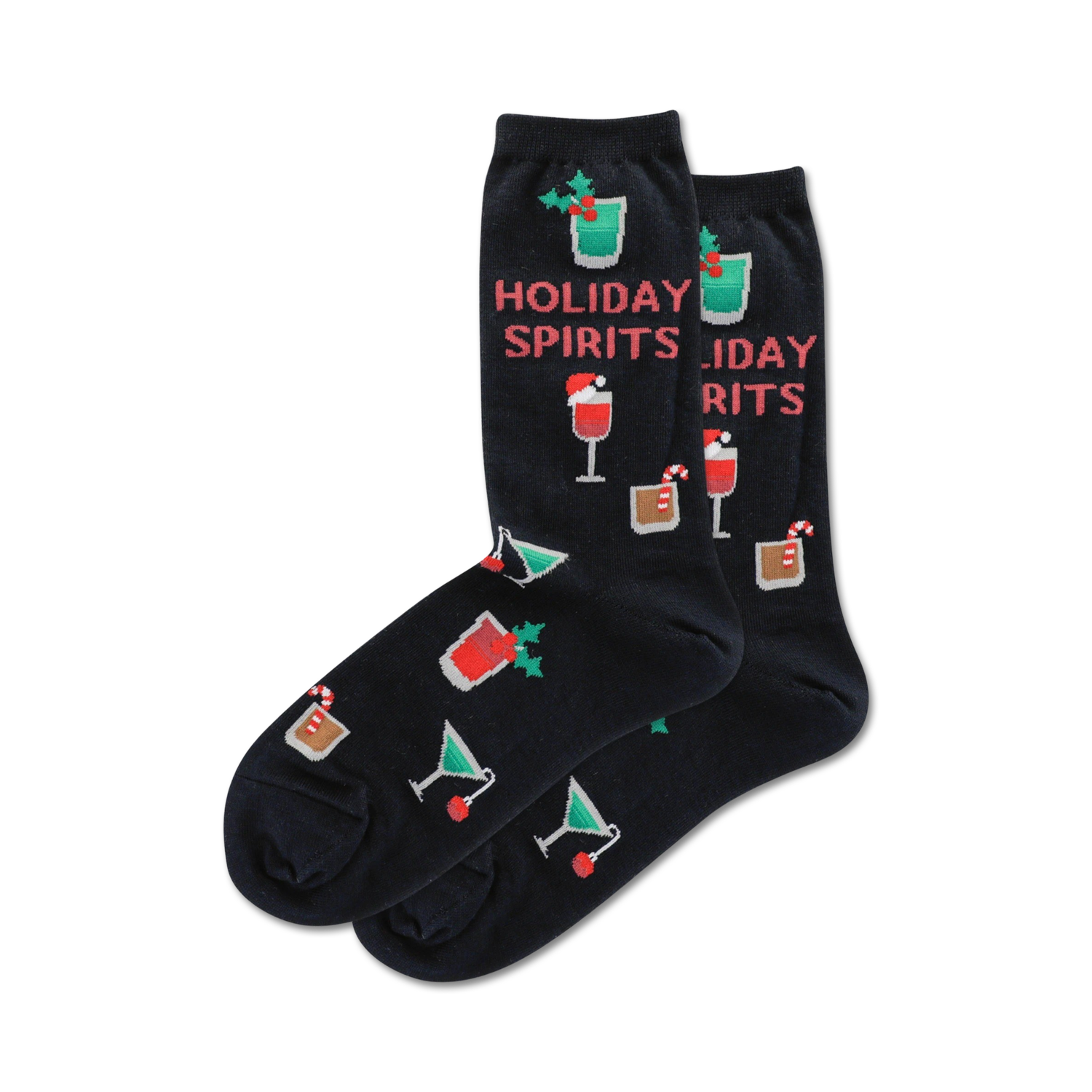 Pair of crew socks in navy blue and heather gray, showcasing a fun holiday cocktail design with red and green accents.