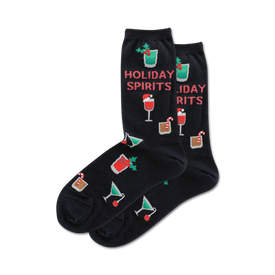 black, crew-length women's socks with holiday-themed pattern including martini glasses, wine glasses, mixed drinks, candy canes, holly, and santa hats.  