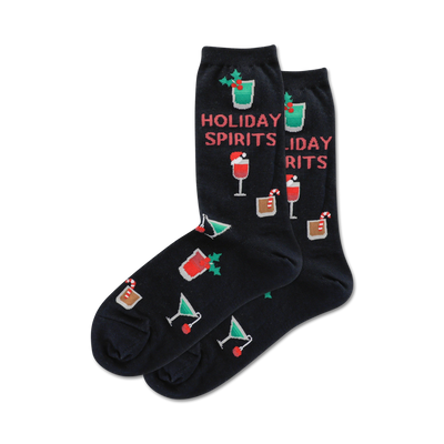 black, crew-length women's socks with holiday-themed pattern including martini glasses, wine glasses, mixed drinks, candy canes, holly, and santa hats.  