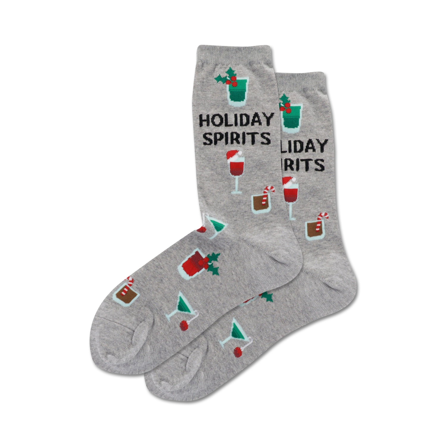 Lifestyle shot showing the gray 'Holiday Spirits' socks on a model's feet.