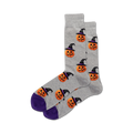 Pair of grey crew socks featuring a repeating pattern of orange pumpkins wearing witch hats. Purple accents on the toes.