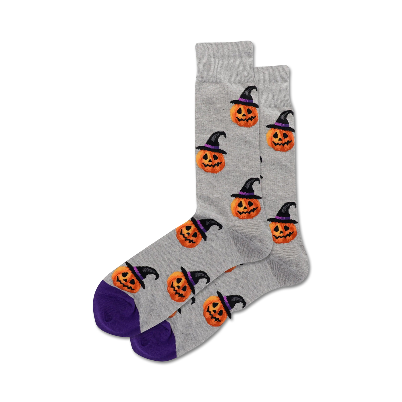 Pair of grey crew socks featuring a repeating pattern of orange pumpkins wearing witch hats. Purple accents on the toes.