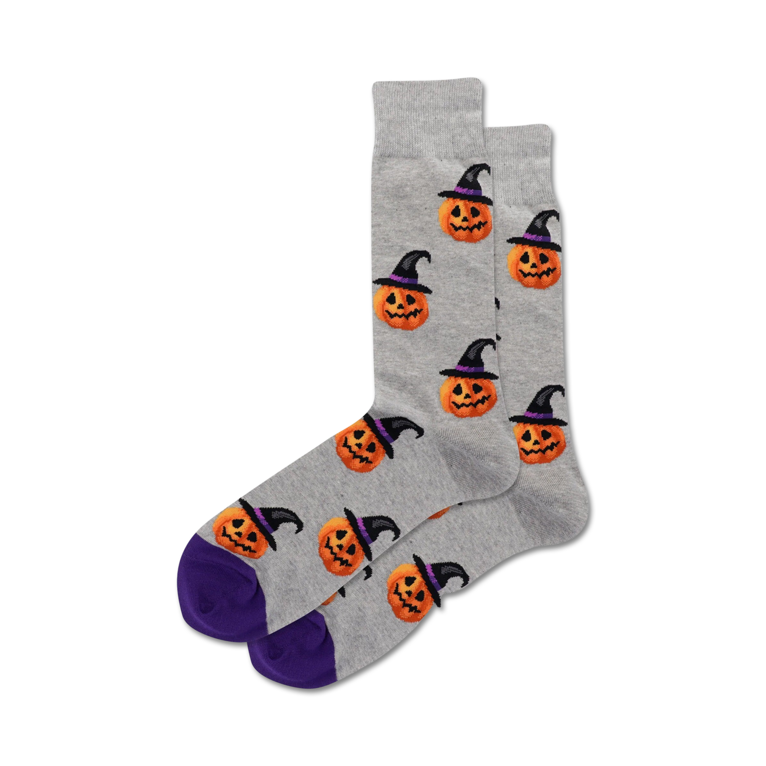 Pair of grey crew socks featuring a repeating pattern of orange pumpkins wearing witch hats. Purple accents on the toes.