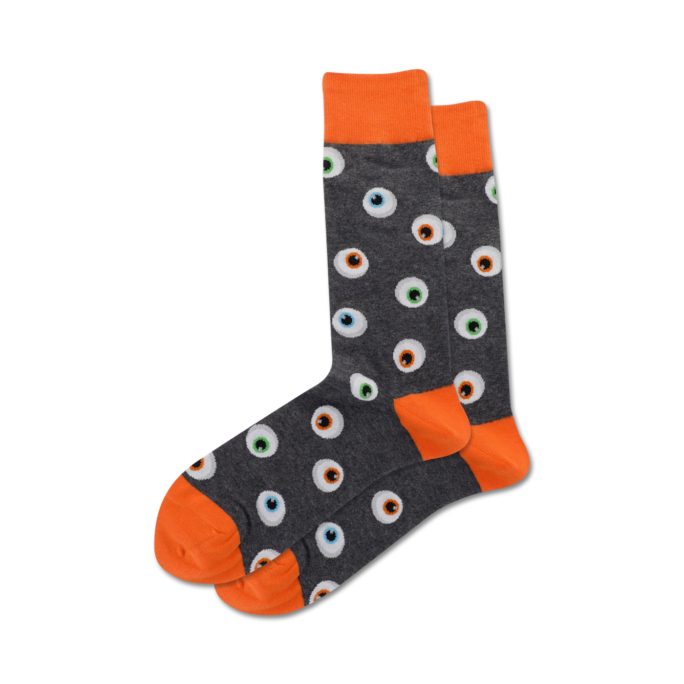 Pair of grey crew socks with orange cuffs and a repeating eyeball pattern. The eyeballs are multicolored with black pupils.