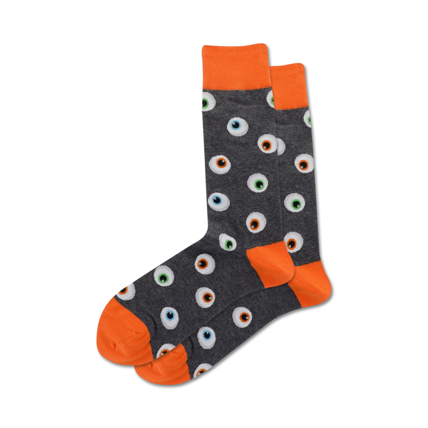 Pair of grey crew socks with orange cuffs and a repeating eyeball pattern. The eyeballs are multicolored with black pupils.