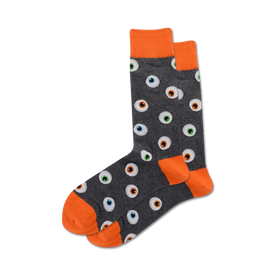 mens crew socks in gray with blue, green, and brown eyeballs. orange toe and heel.   