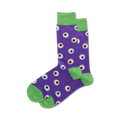 Lifestyle shot of purple Eyeball socks with lime green cuffs. The socks are worn by a model with white sneakers.