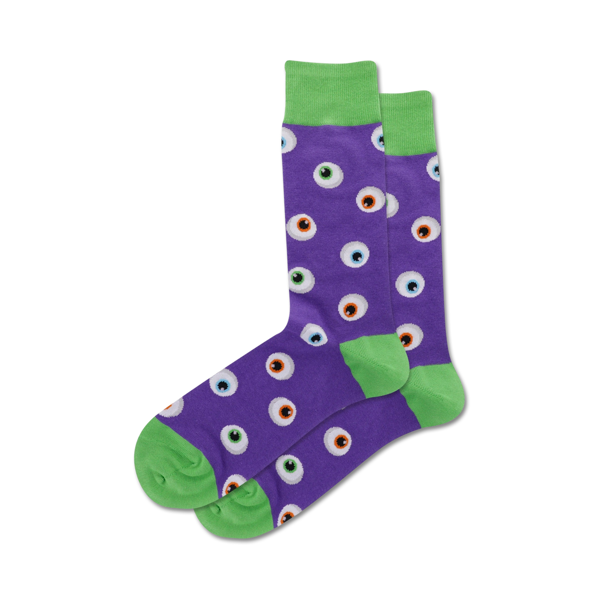 Lifestyle shot of purple Eyeball socks with lime green cuffs. The socks are worn by a model with white sneakers.