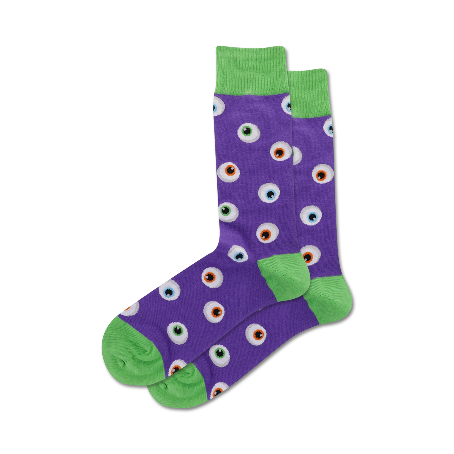 Lifestyle shot of purple Eyeball socks with lime green cuffs. The socks are worn by a model with white sneakers.
