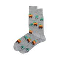Pair of grey crew socks with a repeating pattern of green tractors carrying pumpkins. Festive fall design.