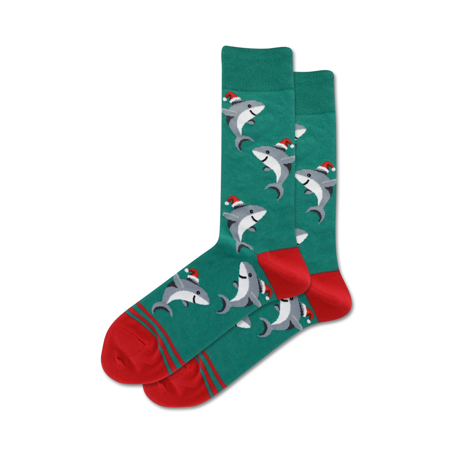 Pair of teal crew socks with a pattern of gray sharks wearing Santa hats. Red and teal stripes at the cuff.