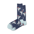 Pair of navy blue crew socks with a pattern of gray sharks wearing Santa hats. Light blue and navy stripes at the cuff.