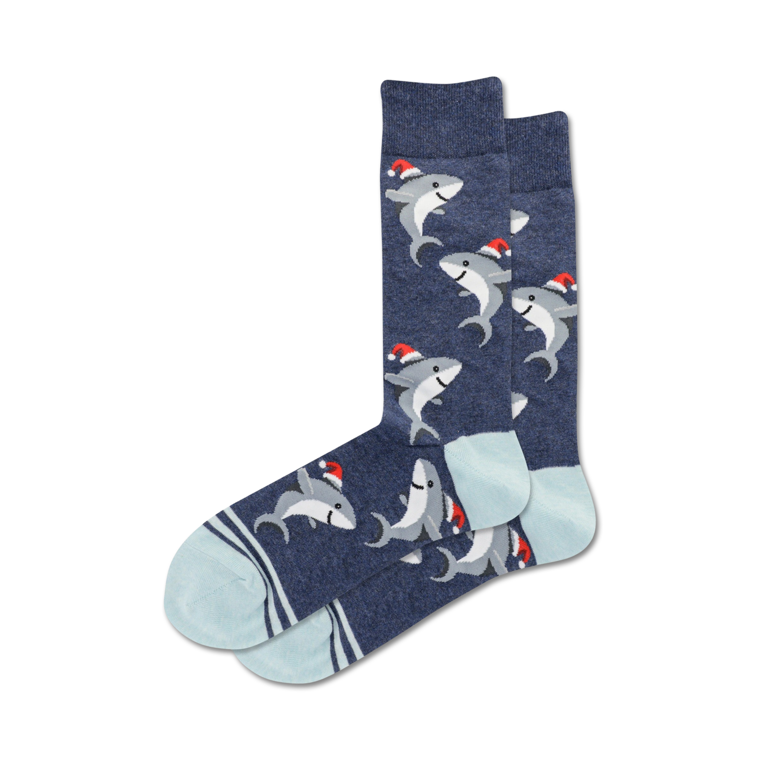 Pair of navy blue crew socks with a pattern of gray sharks wearing Santa hats. Light blue and navy stripes at the cuff.