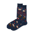 Pair of navy blue crew socks with Thanksgiving-themed designs: turkey, pie slices, apples, and the text 'Here for the food'.