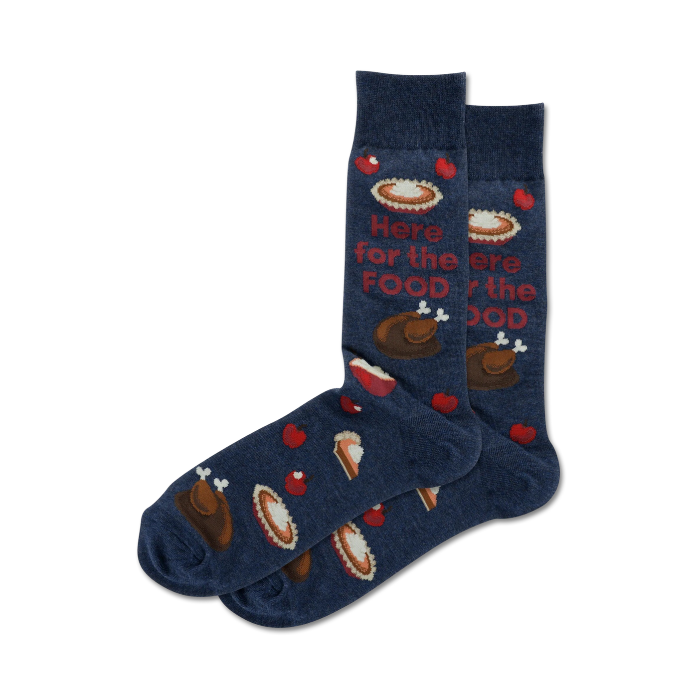 Pair of navy blue crew socks with Thanksgiving-themed designs: turkey, pie slices, apples, and the text 'Here for the food'.