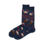 Pair of navy blue crew socks with Thanksgiving-themed designs: turkey, pie slices, apples, and the text 'Here for the food'.