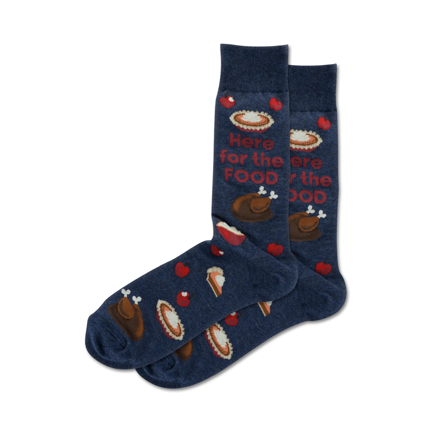 Pair of navy blue crew socks with Thanksgiving-themed designs: turkey, pie slices, apples, and the text 'Here for the food'.