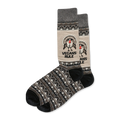 Pair of grey and tan crew socks. Features a turkey with "VEGANS RULE" text. Patterned top and foot sections in black, white, and grey.