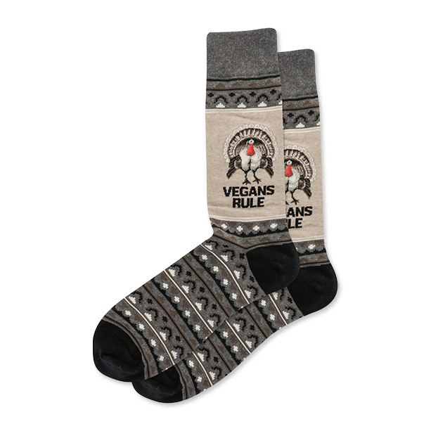 Pair of grey and tan crew socks. Features a turkey with "VEGANS RULE" text. Patterned top and foot sections in black, white, and grey.