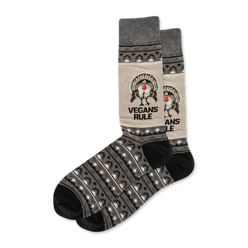 Pair of grey and tan crew socks. Features a turkey with "VEGANS RULE" text. Patterned top and foot sections in black, white, and grey.