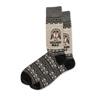 Pair of grey and tan crew socks. Features a turkey with "VEGANS RULE" text. Patterned top and foot sections in black, white, and grey.