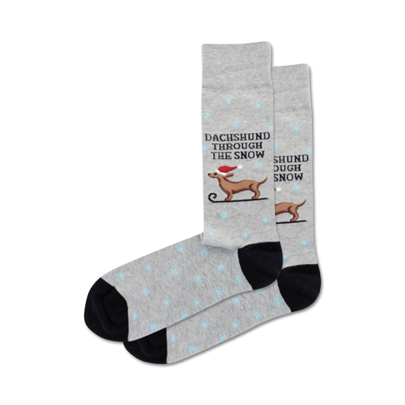 Pair of grey crew socks with a black cuff. Features a dachshund in a Santa hat sledding, snowflakes, and the text 'Dachshund Through the Snow'.