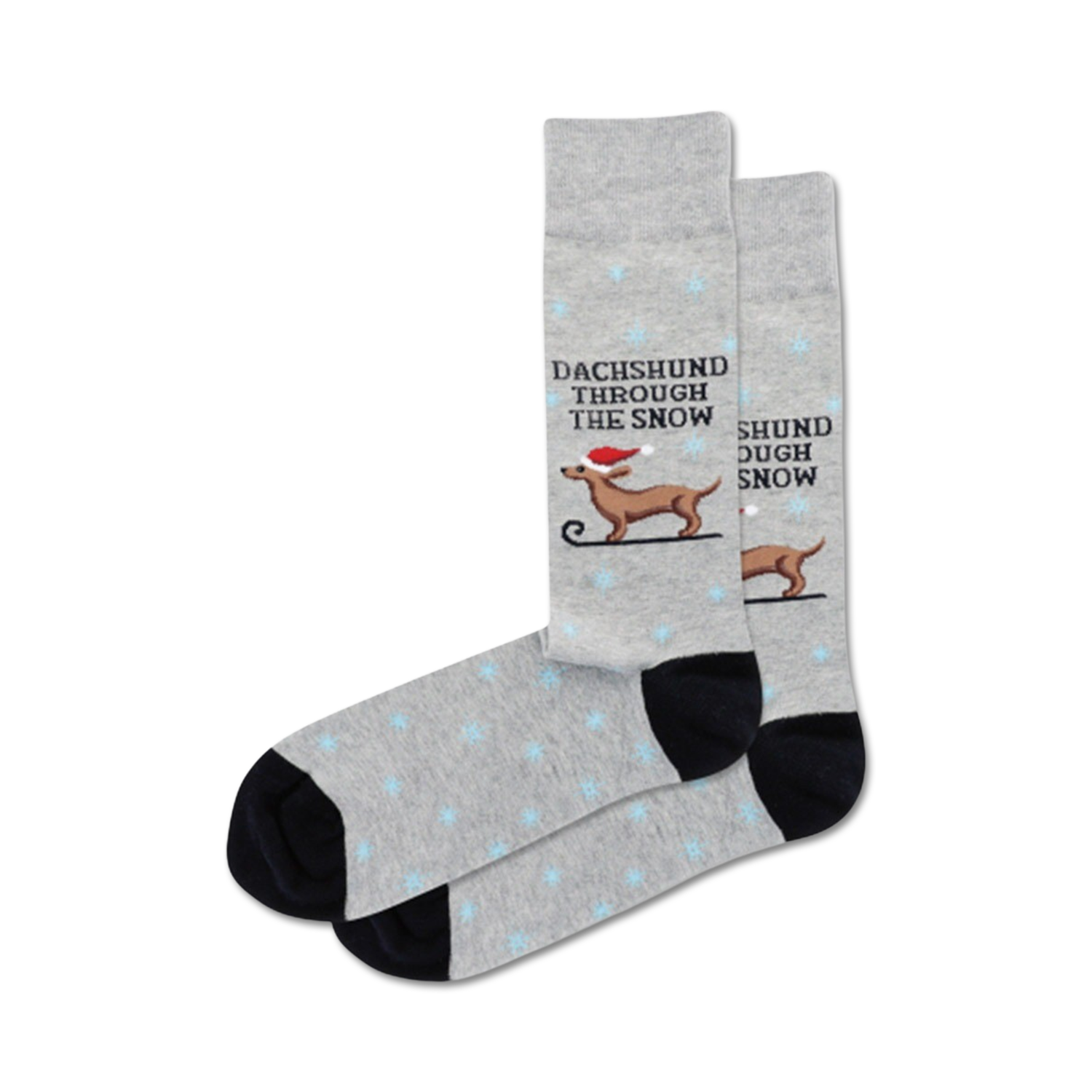 Pair of grey crew socks with a black cuff. Features a dachshund in a Santa hat sledding, snowflakes, and the text 'Dachshund Through the Snow'.