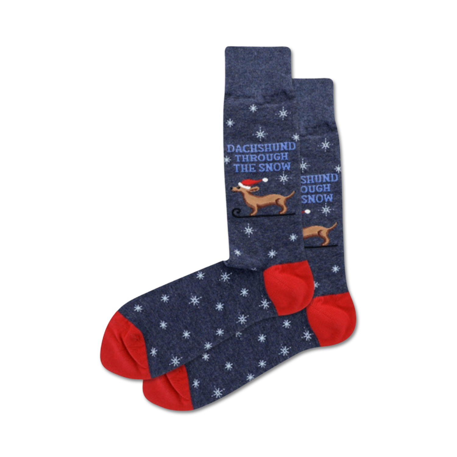 Close-up of a pair of navy blue crew socks with red cuffs. The socks feature a similar design to the main image, but in different colors.