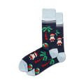 Pair of crew socks. Dark blue background with light blue cuffs. Features Santa in swim trunks, palm trees, and beach balls.