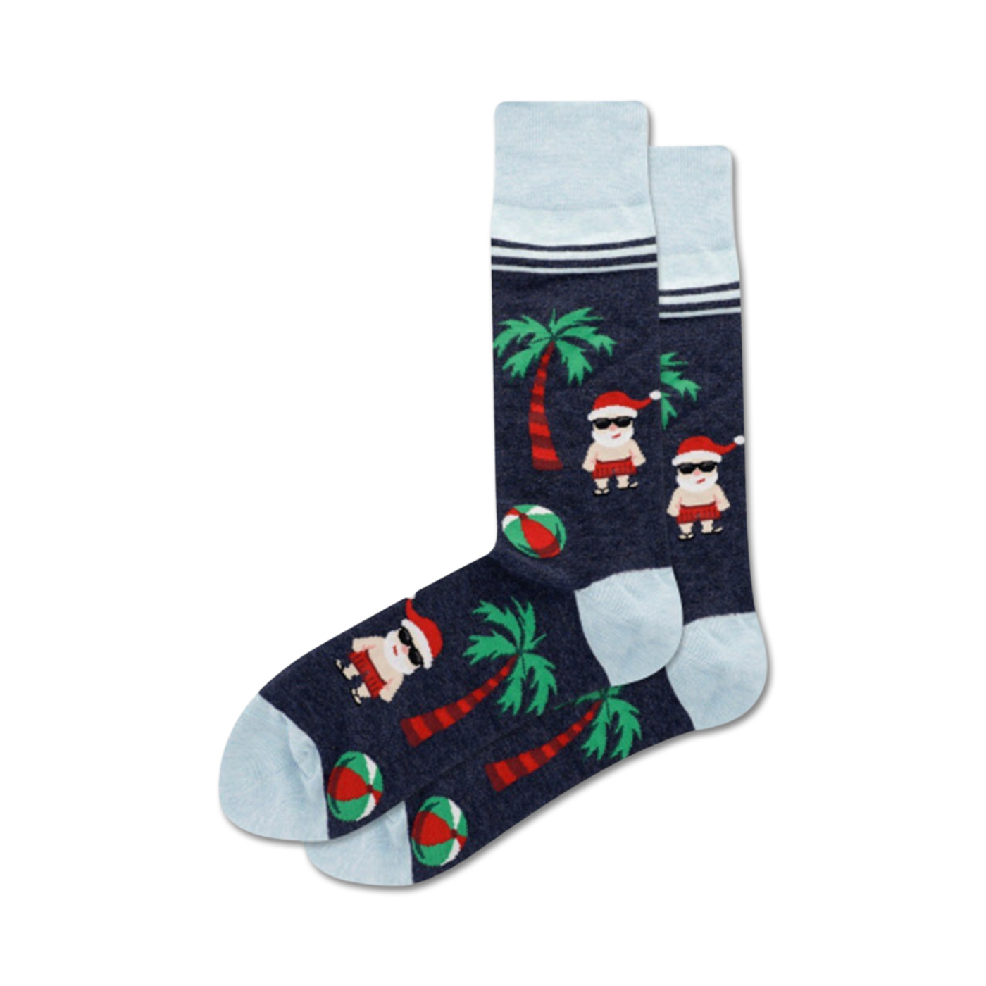 Pair of crew socks. Dark blue background with light blue cuffs. Features Santa in swim trunks, palm trees, and beach balls.