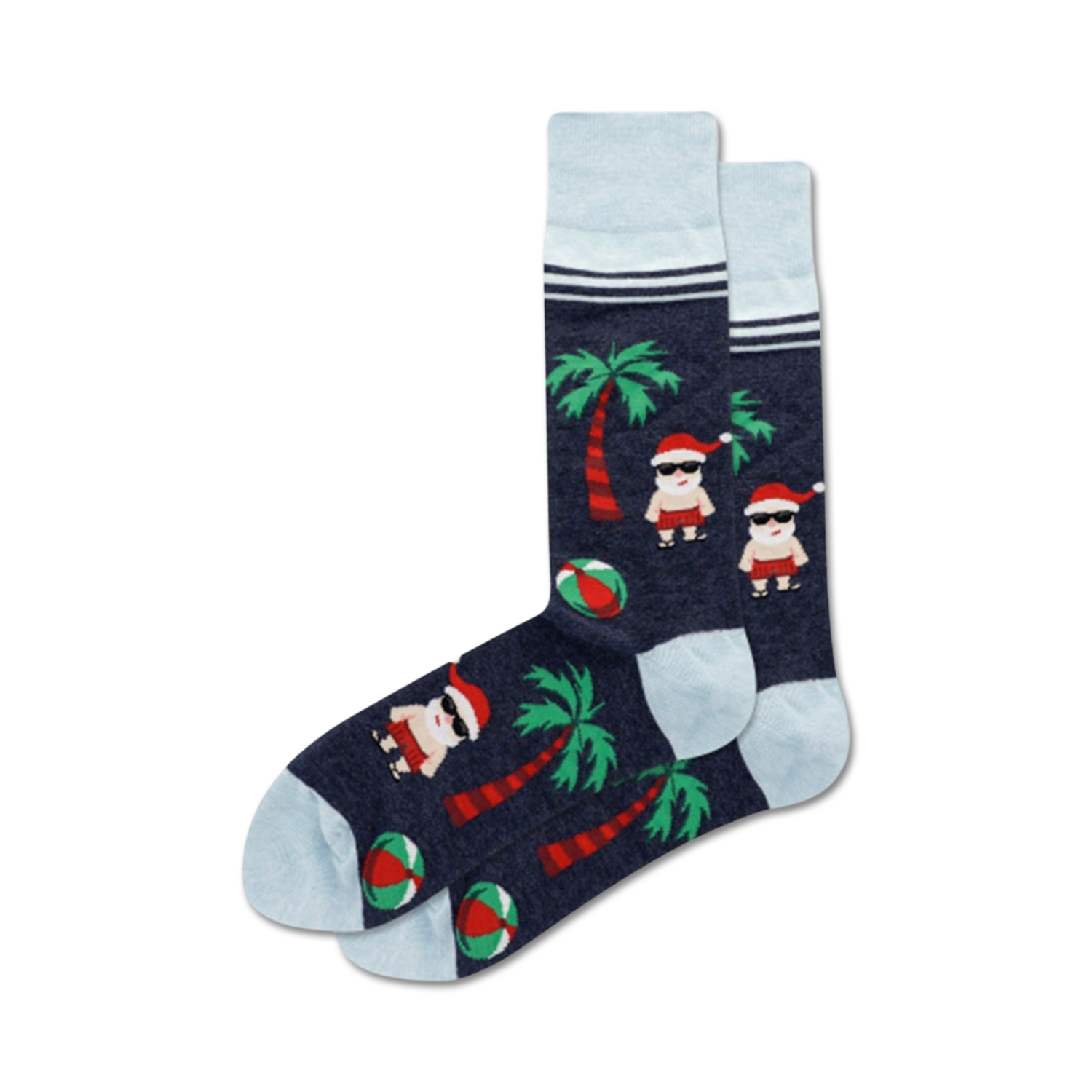 Pair of crew socks. Dark blue background with light blue cuffs. Features Santa in swim trunks, palm trees, and beach balls.