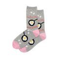 Pair of grey crew socks with black frying pans and fried eggs. Pink toes, white drop shapes, and "Sunny Side" text.