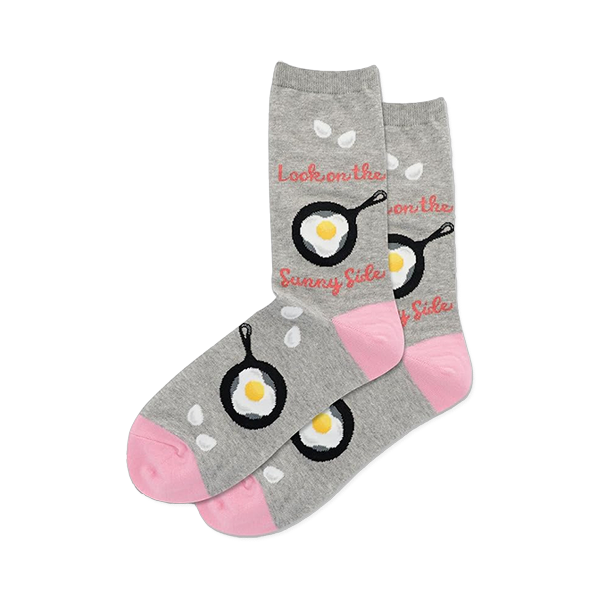 Pair of grey crew socks with black frying pans and fried eggs. Pink toes, white drop shapes, and "Sunny Side" text.