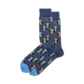 Pair of navy blue crew socks with colorful vinyl record designs.  Light blue cuffs. Fun and retro style.