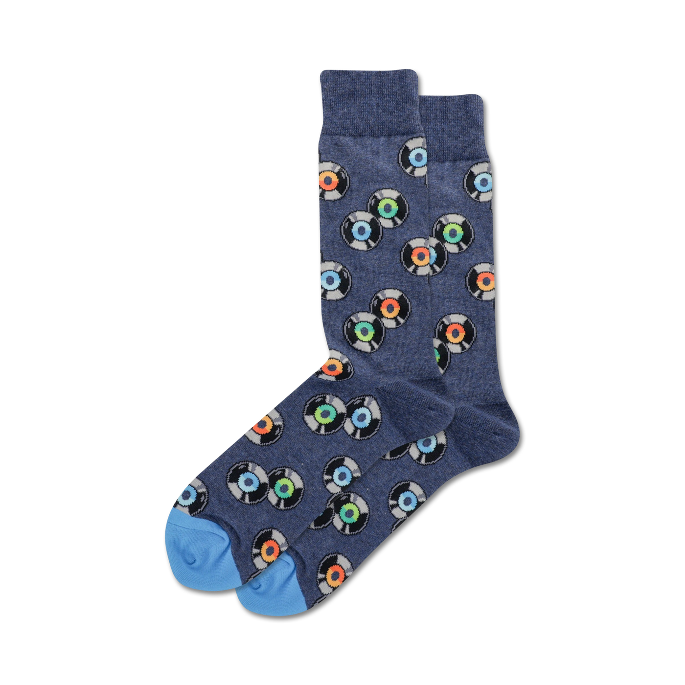 Pair of navy blue crew socks with colorful vinyl record designs.  Light blue cuffs. Fun and retro style.