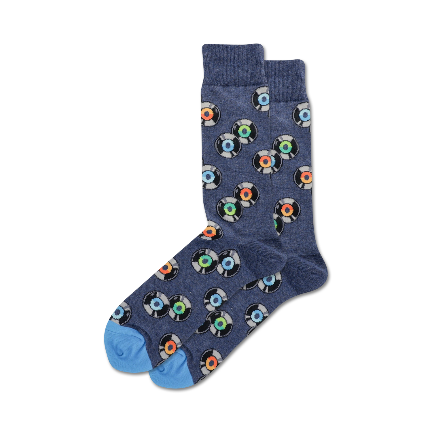 Pair of navy blue crew socks with colorful vinyl record designs.  Light blue cuffs. Fun and retro style.
