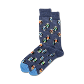  blue crew length socks for men with a repeating pattern of colorful records.   